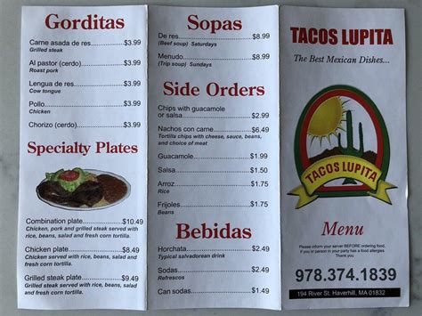 Menu at Tacos Lupita restaurant, Haverhill, 194 River St