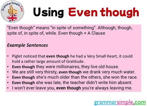 Using Even though and Example Sentences - GrammarSimple.Com | Sentences ...