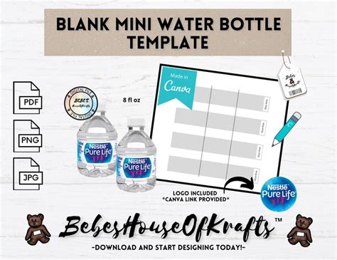 Blank Mini Water Bottle Label Template Canva Link DIY Template Digital ...