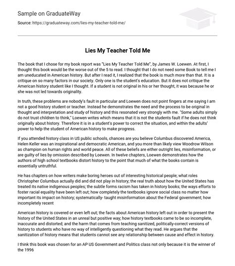 ⇉"Lies My Teacher Told Me" by James W. Loewen Essay Example | GraduateWay