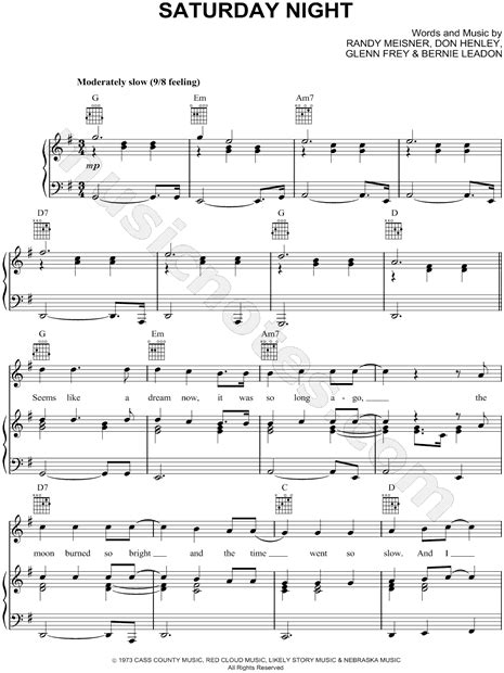 The Eagles "Saturday Night" Sheet Music in G Major (transposable ...