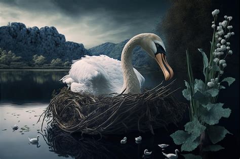 Premium Photo | A swan sits in a nest on a lake.