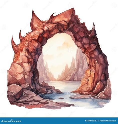 A Fantasy Painting of a Dragon Cave. Watercolor Illustration Isolated on White Background. Stock ...