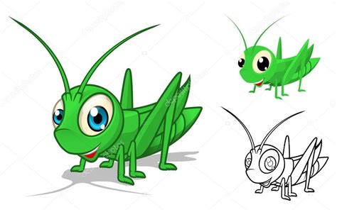 Detailed Grasshopper Cartoon Character with Flat Design and Line Art Black and White Version ...