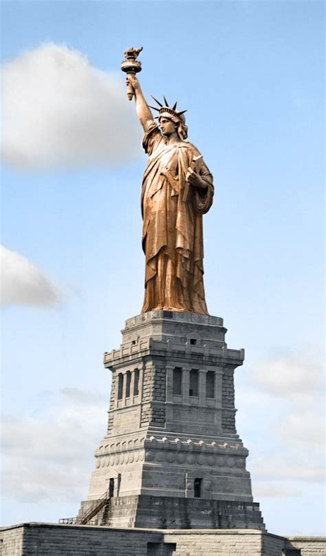 The Statue of Liberty colorized, from an old black and white photo, to represent her original ...