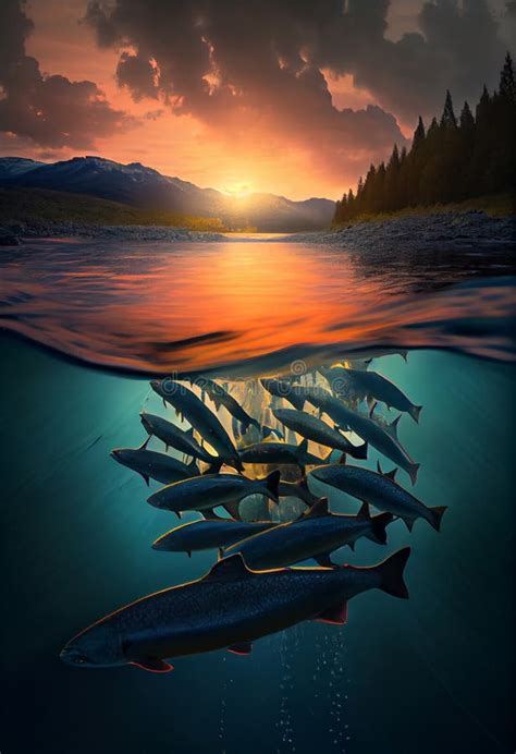 Salmon Migration at Sunset. AI Generated Stock Illustration - Illustration of ecosystem, spawn ...