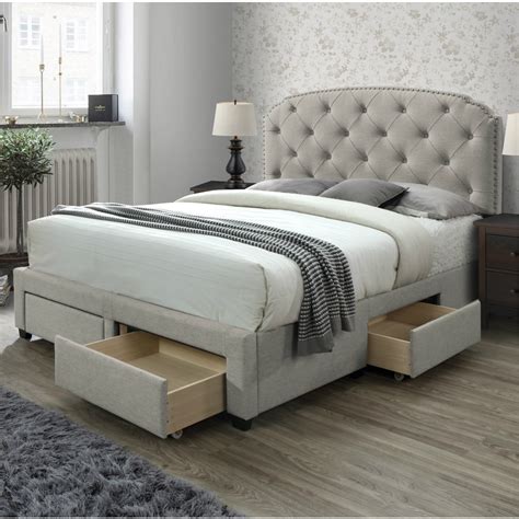 DG Casa Argo Tufted Upholstered Panel Bed Frame with Storage Drawers and Nailhead Trim Headboard ...