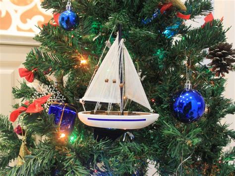 Buy Wooden Blue Sailboat Christmas Tree Ornament 9in - Nautical Decor