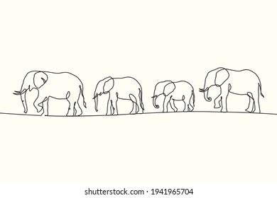 Linear Elephant Herd Animal Family Outline Stock Vector (Royalty Free ...