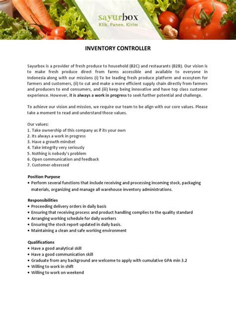 Inventory Controller - Job Description | PDF