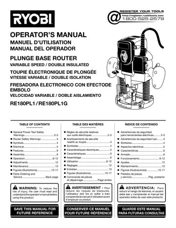 Ryobi 10 Amp 2 HP Plunge Base Router Operator`s manual | Manualzz