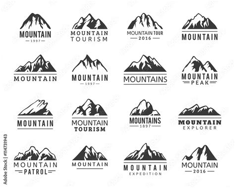 Mountain vector icons set. Set of mountain silhouette elements. Outdoor ...