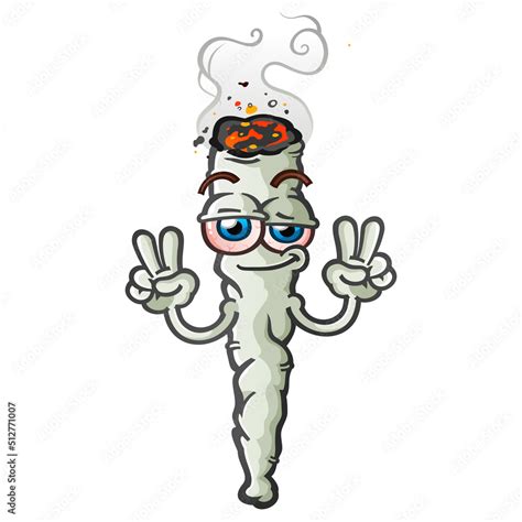 A happy, stoned marijuana joint cartoon character flashing a peace sign ...