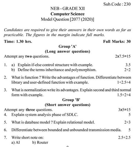 NEB Grade 12 Computer Science Model Questions