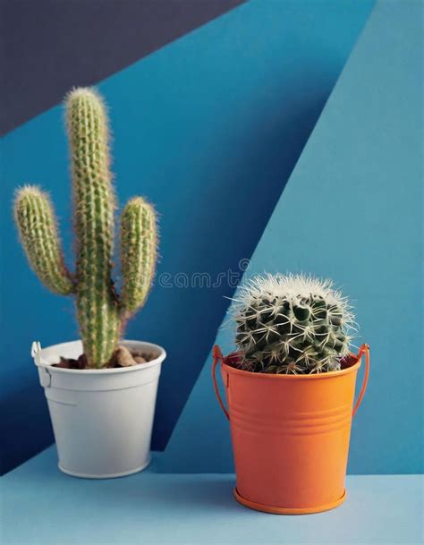 Minimalist Still Life with Cactus on a Blue Geometric Background. Stock ...