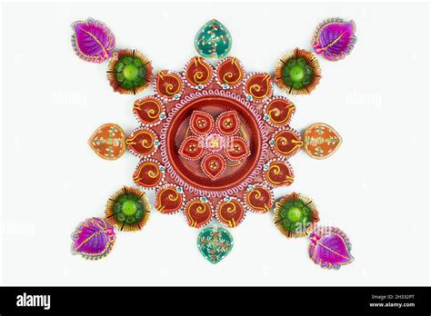 Multicolor Diya, Deep Or Dia Arranged In Rangoli Floral Design. White Background With Space For ...