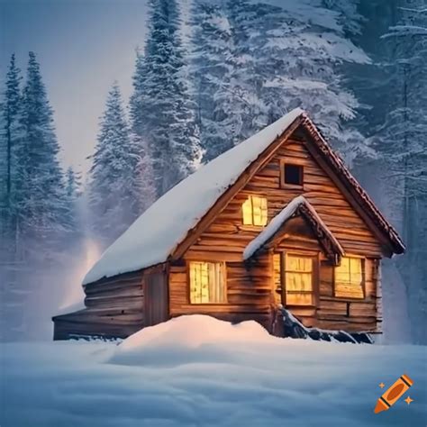 Wooden house surrounded by snow in the woods on Craiyon