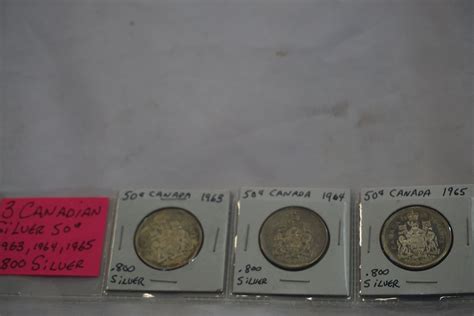 3 CANADIAN SILVER 50c COINS 1963, 1964, 1965 .800 SILVER - Big Valley Auction