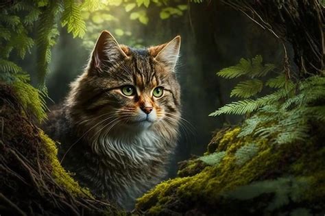 Premium AI Image | A cat in a forest with green eyes