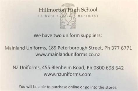 NZ Uniforms and Mainland Uniforms are pleased to offer Hillmorton High School a 20% discount on ...