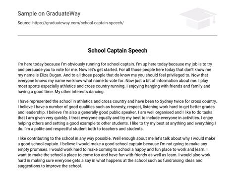 School Captain Speech - 339 Words | Free Essay Example on GraduateWay