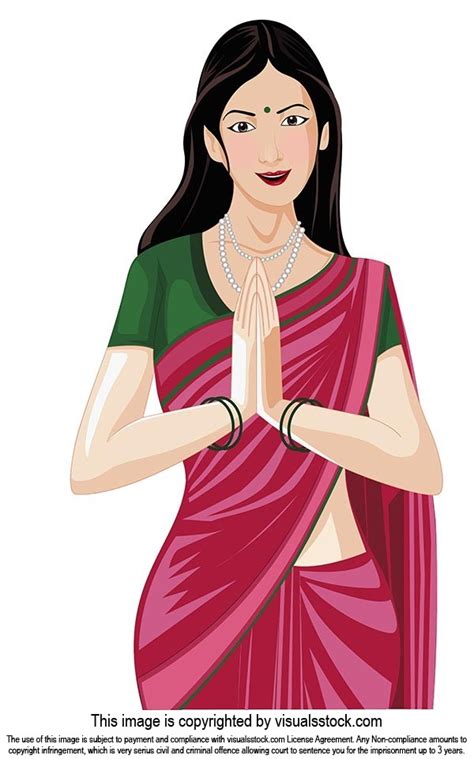 Vector cartoon Illustration Traditional Indian woman greeting Namaste with folded-hands