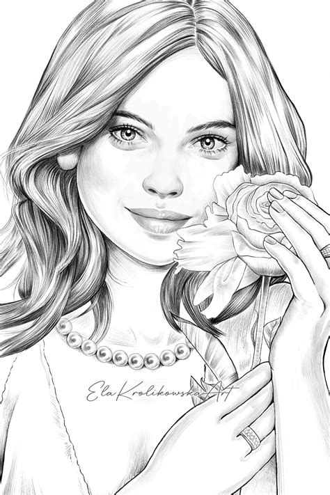 Drawing of a pretty girl holding a rose Rose Coloring Pages, Adult Coloring Pages, Coloring For ...