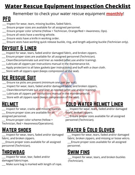 Water Rescue Equipment Care Checklist – Trident Rescue, USA