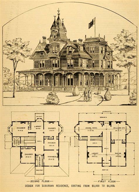 1879 Print Victorian House Architectural Design Floor Plans Horace G ...