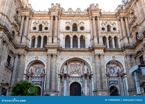 The Cathedral of Malaga Front Symmetrical View. Medieval Roman Catholic Church in Renaissance ...