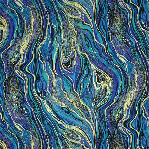 Timeless Treasures Palazzo Abstract Marbling Peacock Blue Gold Metallic ...