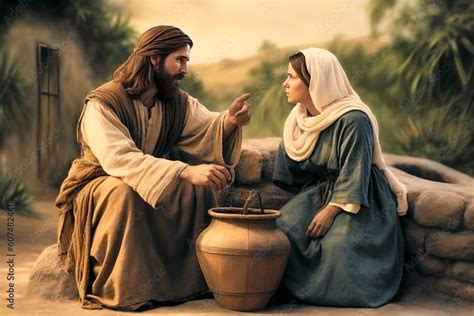 Jesus speaking to the Samaritan woman next to the well giving hope for ...