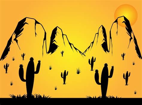 Premium Vector | Landscape desert on sunset with cactus silhouette ...