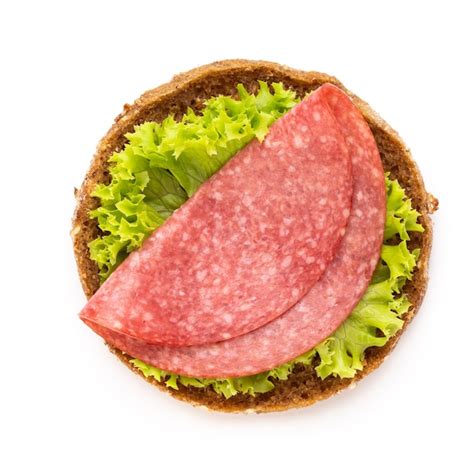 Premium Photo | Sandwich with salami sausage on white background.