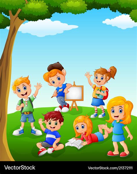 Happy kids learning on the field Royalty Free Vector Image