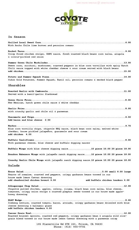 Online Menu of Coyote Bar & Kitchen Restaurant, Folsom, California, 95630 - Zmenu