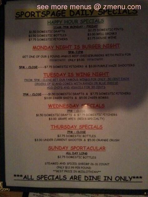 Menu at Sportspage Bar and Grille, Midlothian, Midlothian Turnpike