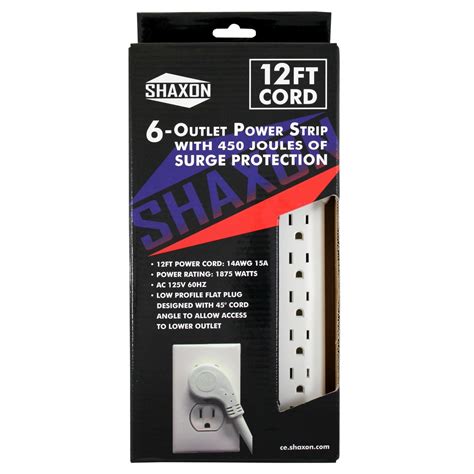 6 AC Outlet Flat Plug Power Strip, Surge Protected, 12 Foot Cord, White - Shaxon Industries