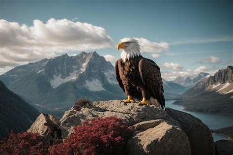 Premium AI Image | Bald Eagle perched a top rocky cliff with mountain background