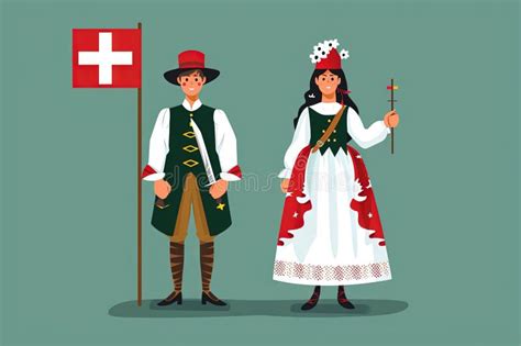 Swiss in National Dress with a Flag. Man and Woman in Traditional ...