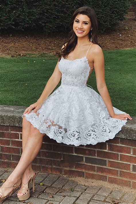 A Line Backless Lace White Homecoming Dresses Short Prom Dresses, Whit ...