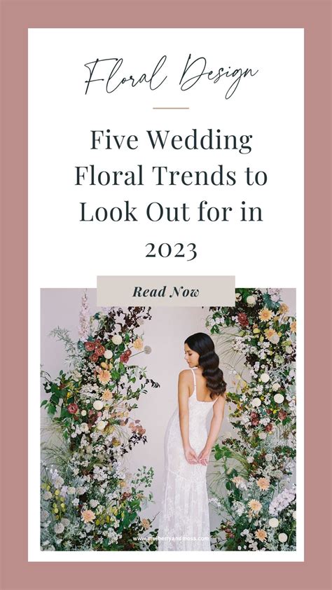 a woman in white dress standing next to flowers with text that reads, five wedding floral trends ...