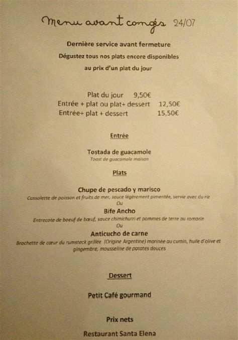 Menu au Santa Elena restaurant, Strasbourg