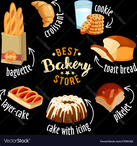 Bakery shop icons baked bread products Royalty Free Vector