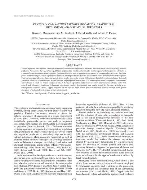 (PDF) CRYPSIS IN PARAXANTHUS BARBIGER (DECAPODA: BRACHYURA): MECHANISMS AGAINST VISUAL PREDATORS