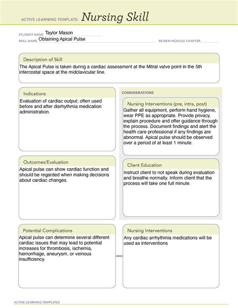 Apical Pulse Template - ACTIVE LEARNING TEMPLATES Nursing Skill STUDENT ...