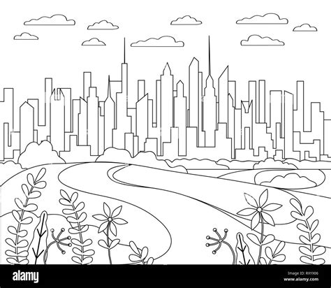 Thin line city landscape flat. Panorama design urban modern city with high skyscrapers ...