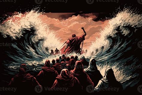 Illustration of the Exodus of the bible, Moses crossing the Red Sea with the Israelites, escape ...