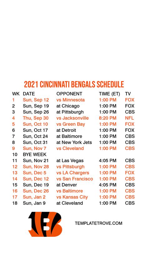 Cincinnati Bengals Printable Schedule 2023-24