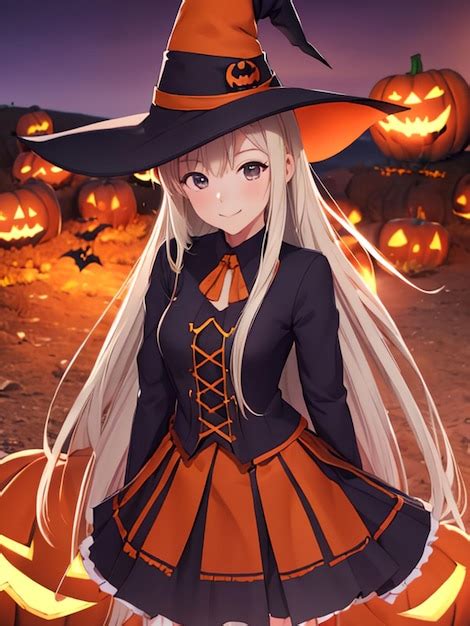 Premium AI Image | Cute witch girl on halloween night anime art for mobile wallpaper